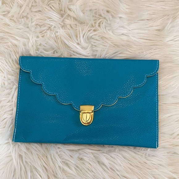 Turquoise blue Crossbody Clutch scalloped gold hardware envelope purse handbag - Picture 2 of 16